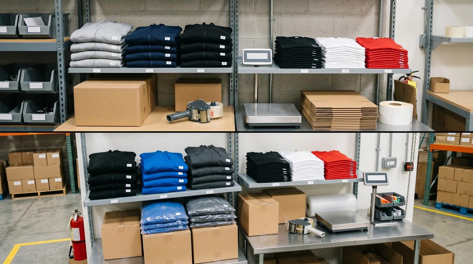 Streetwear packing and quality check setup with garments, cartons, and measuring tape