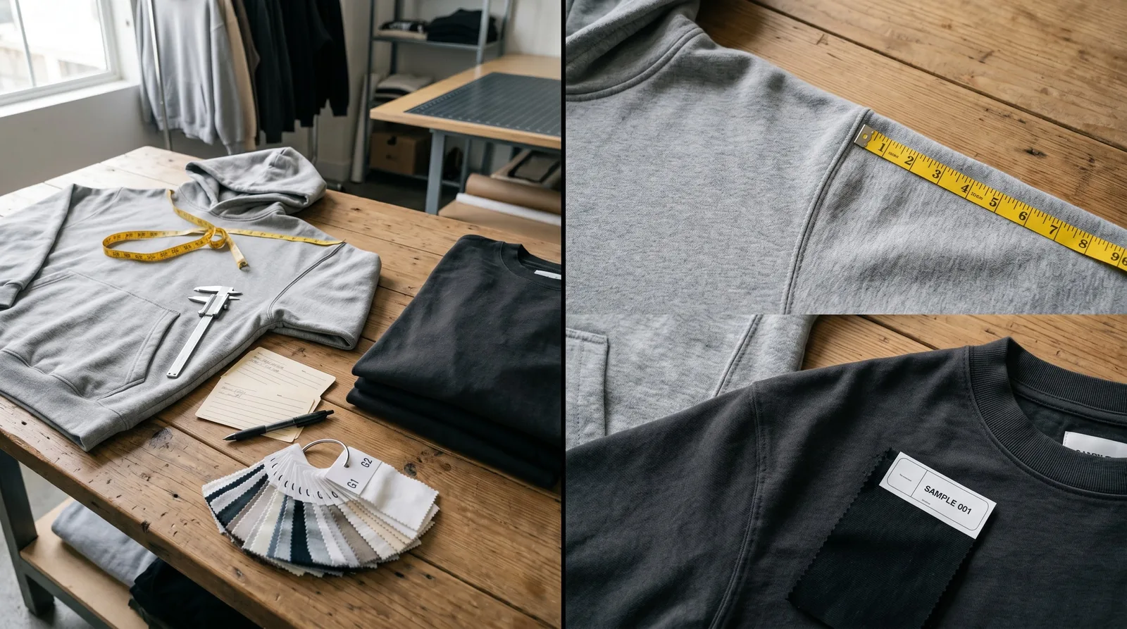 Streetwear sample review with folded garments, fabric swatches, and fit references
