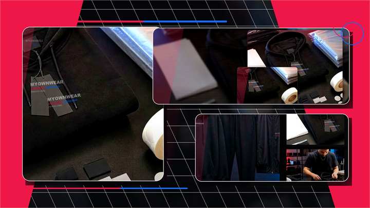 Private label hoodie packaging with labels hangtags and garment detail