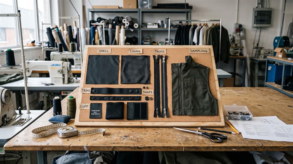 Streetwear jacket sampling board with fabric and trim review