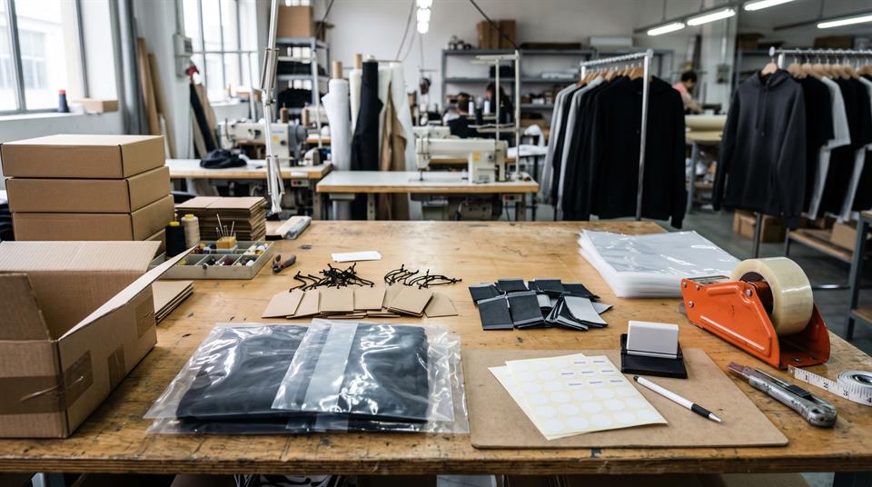 Private label streetwear packaging with labels hangtags and polybags