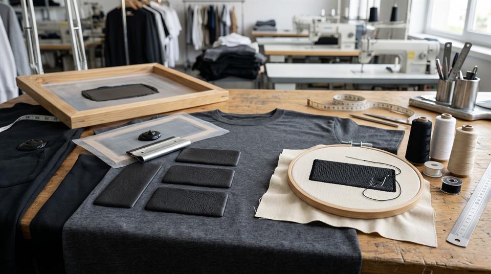 Puff print and embroidery process close-up for streetwear production