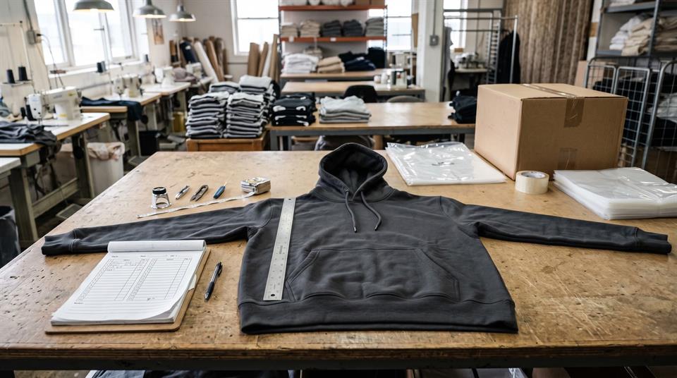 Streetwear quality control and packout table with garments and packaging