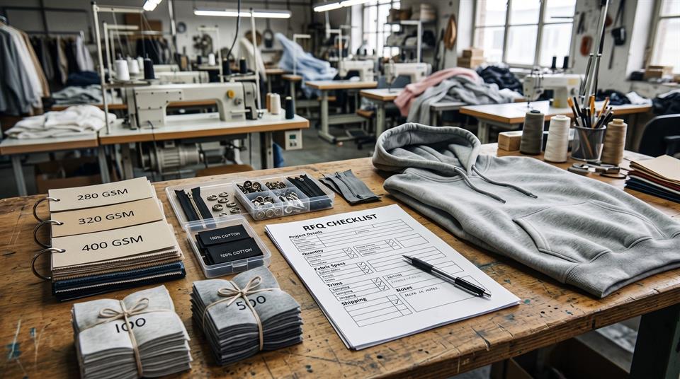 RFQ checklist desk with streetwear samples and production notes
