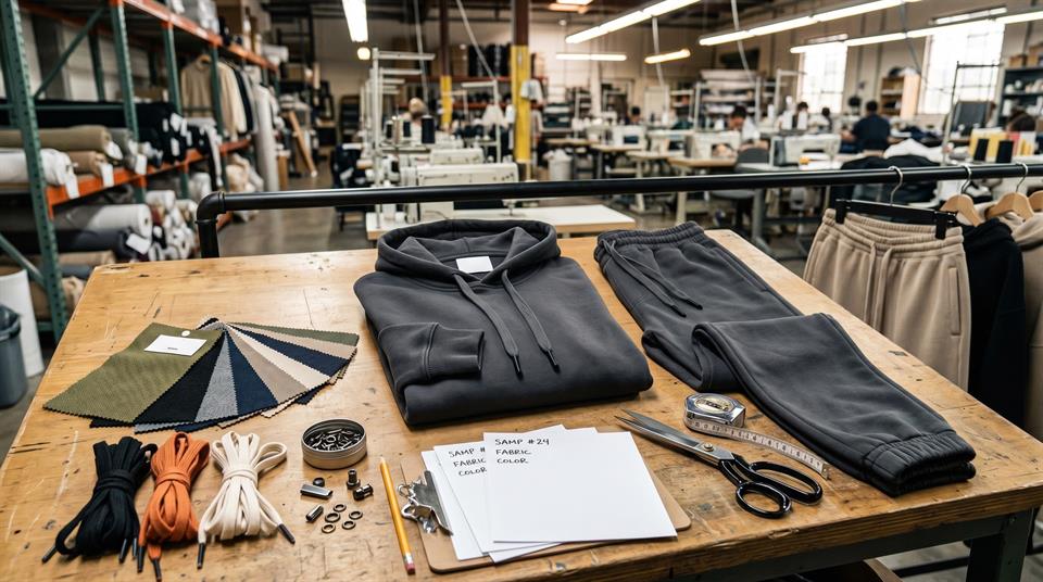 Small batch streetwear factory floor with garment rails and sample tables