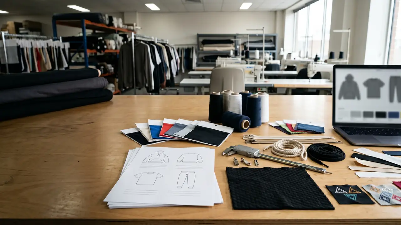 Custom streetwear RFQ production brief review with fabric swatches trim samples specification sketches craft samples and garment factory equipment