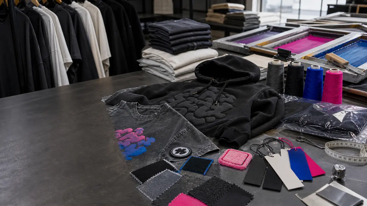 Streetwear decoration planning table with hoodie, washed T-shirt, screen print frames, embroidery thread, fabric swatches, hangtags and packaging