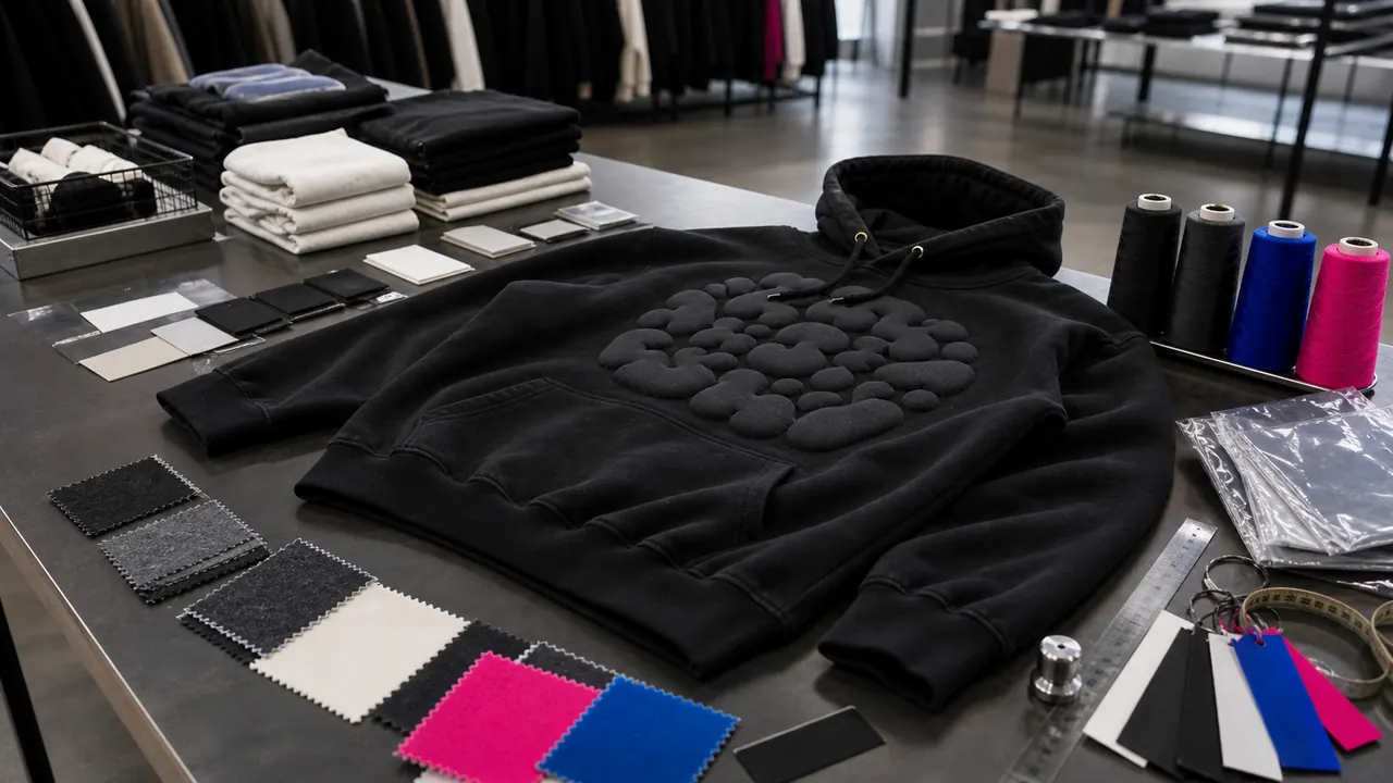 Black heavyweight puff print hoodie sample with fabric swatches, blank labels, embroidery thread and packaging materials for streetwear RFQ planning