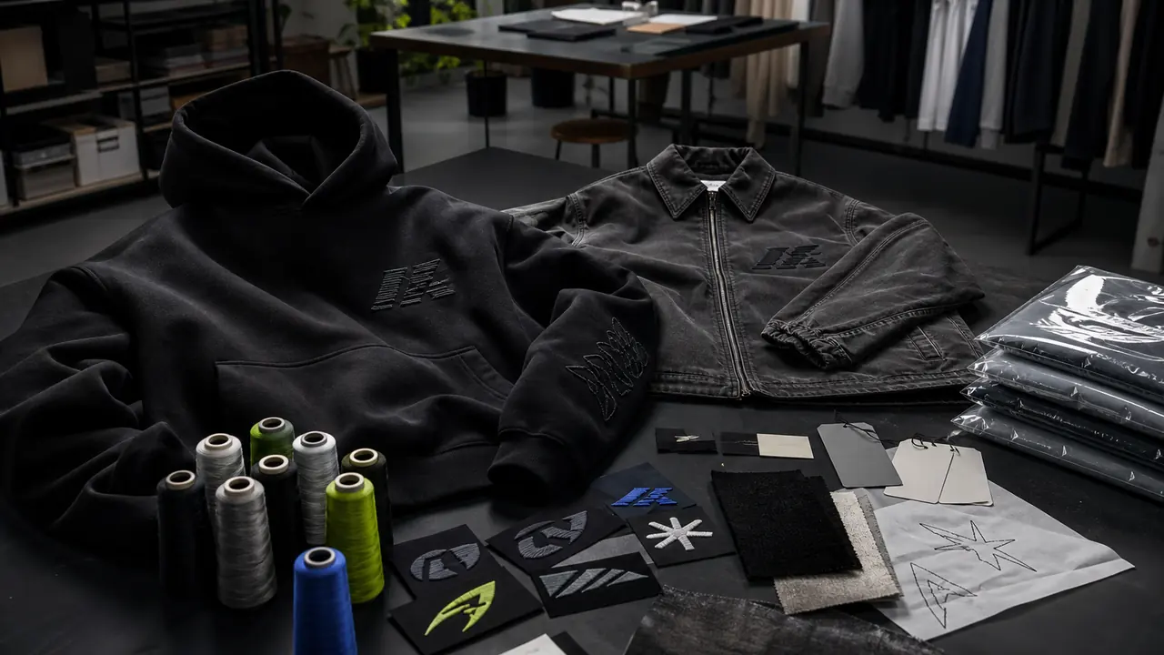 Custom embroidered streetwear hoodie and jacket samples with thread colors, stitch patches, blank labels and packaging for RFQ planning