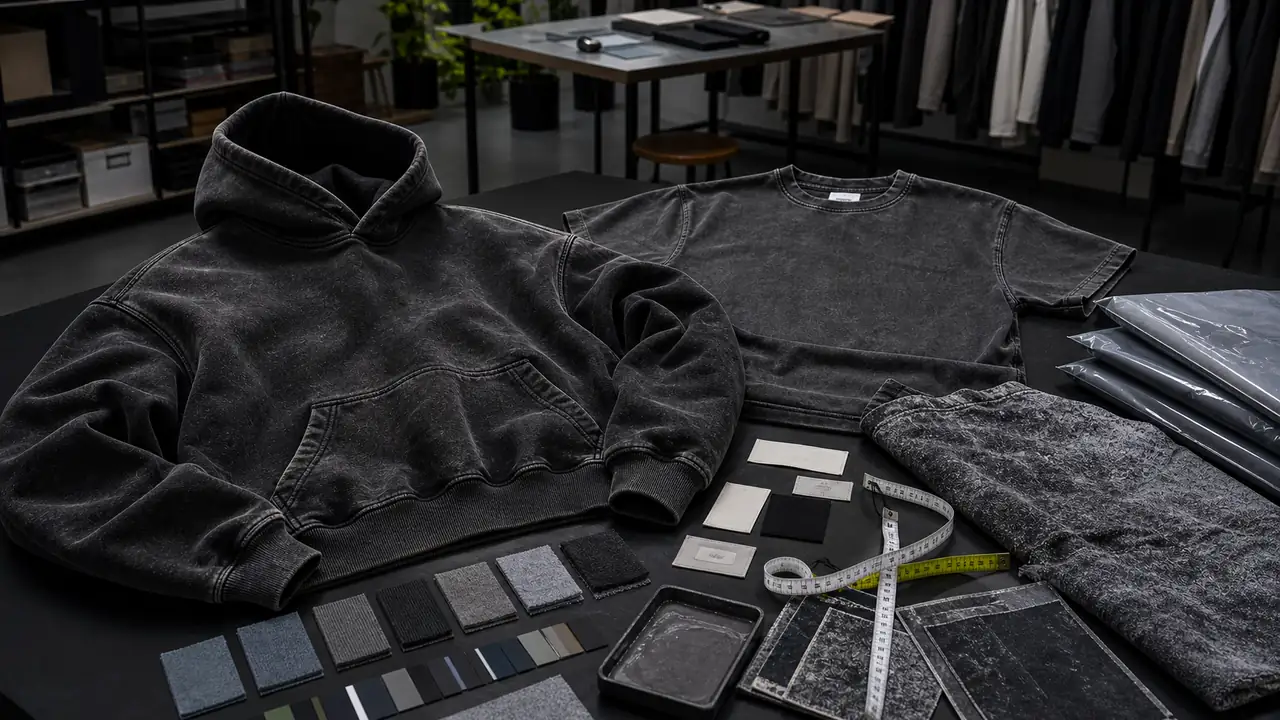 Washed streetwear hoodie and faded T-shirt samples with fabric swatches, color references, measurement tape, labels and packaging for RFQ planning