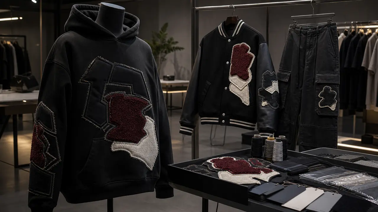 Custom applique patch streetwear samples on hoodie varsity jacket and cargo pants with patch pieces thread blank labels and packaging materials for RFQ planning