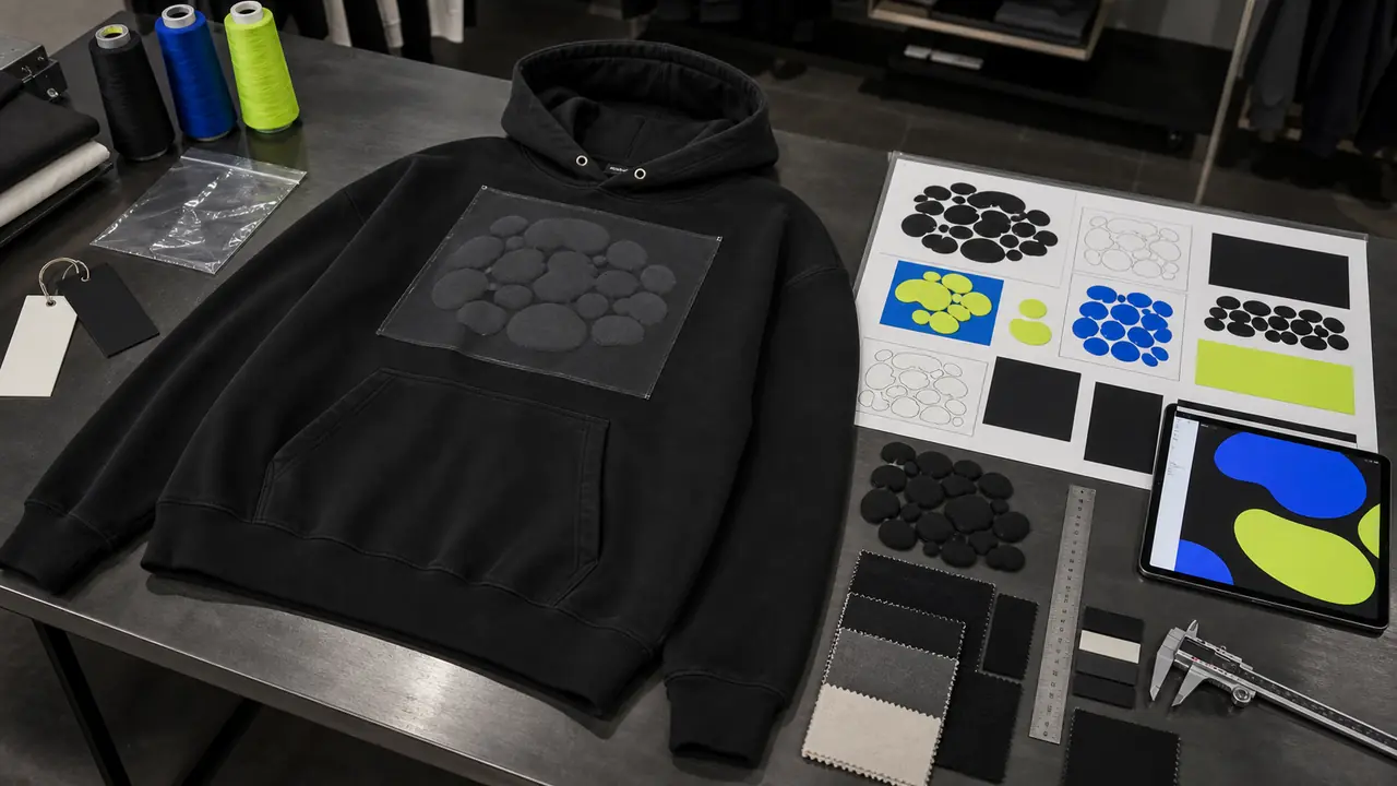 Puff print hoodie artwork review desk with black hoodie placement overlay abstract proof sheets ink swatches ruler caliper fabric swatches blank tags and packaging materials