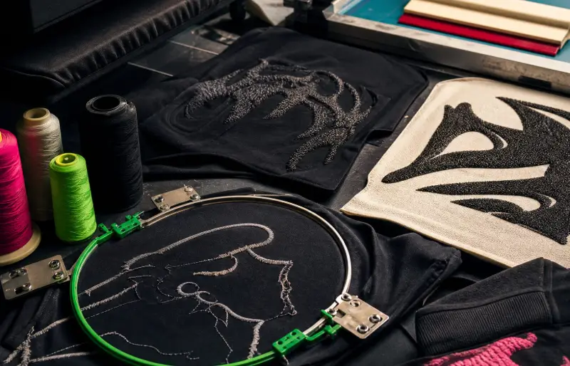 Mixed streetwear decoration review with screen print, embroidery, patches, and thread