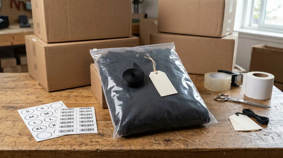 Private-label garment in a polybag with size stickers, barcode labels, hangtags, and shipping cartons