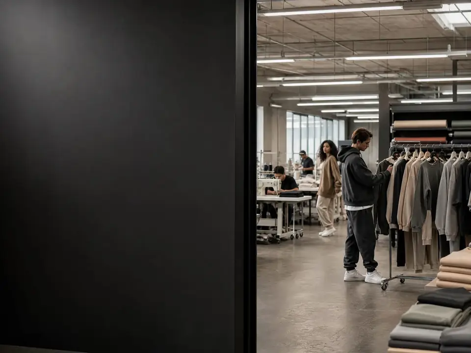 Editorial view into an apparel production workspace for streetwear brand buyers