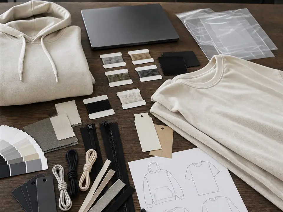 Flat lay of blank streetwear garments, fabric swatches, trims, color cards, packaging, and a laptop for comparing quote scope