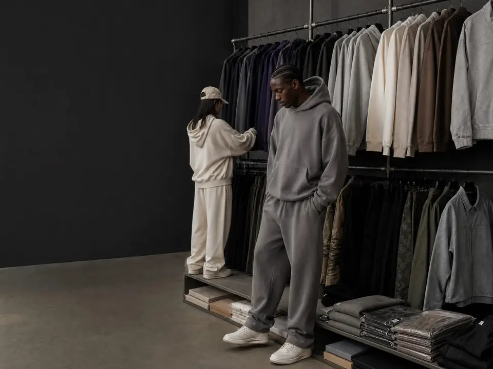 Two streetwear models reviewing neutral hoodies and garments on a rack while planning a first-drop production route