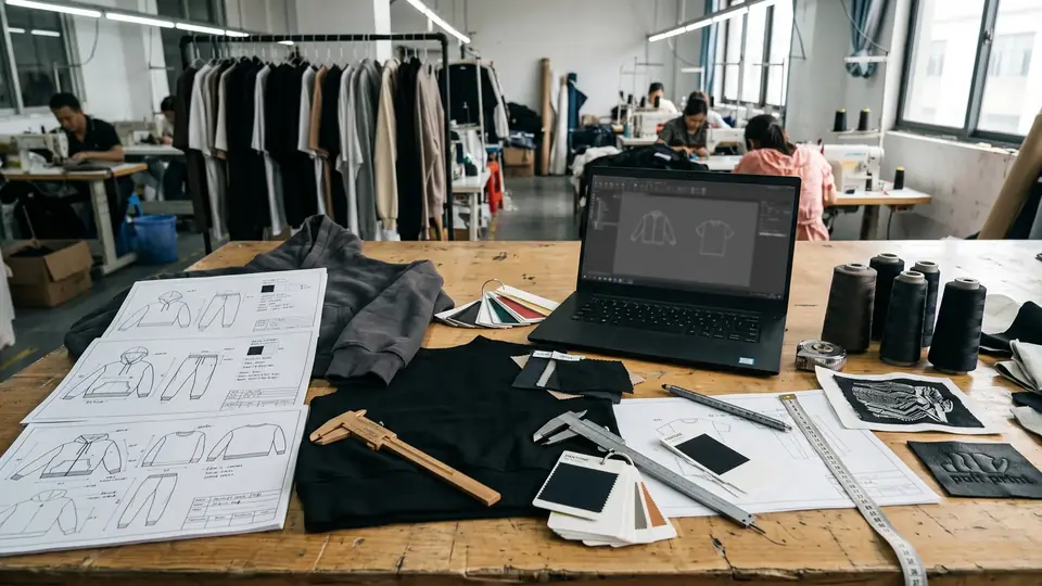 Streetwear development desk with tech packs, fabric swatches, measuring tools, a laptop, and a sewing workshop in view