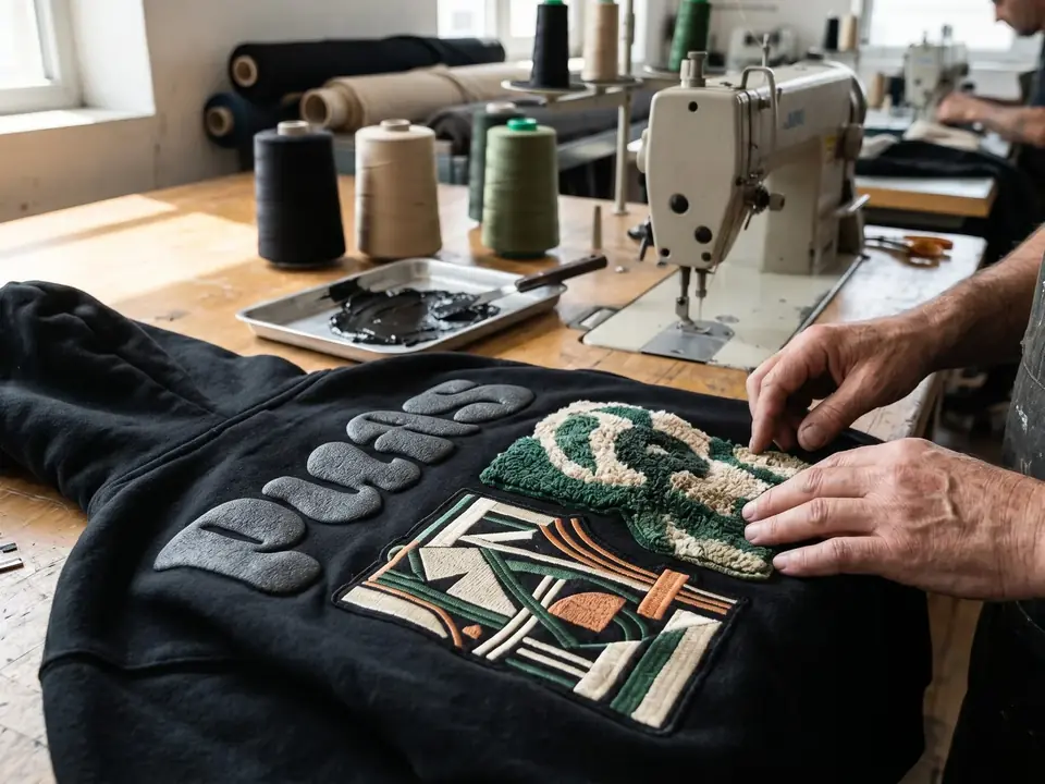 Close view of a streetwear hoodie sample being checked for raised decoration beside a sewing machine and thread cones