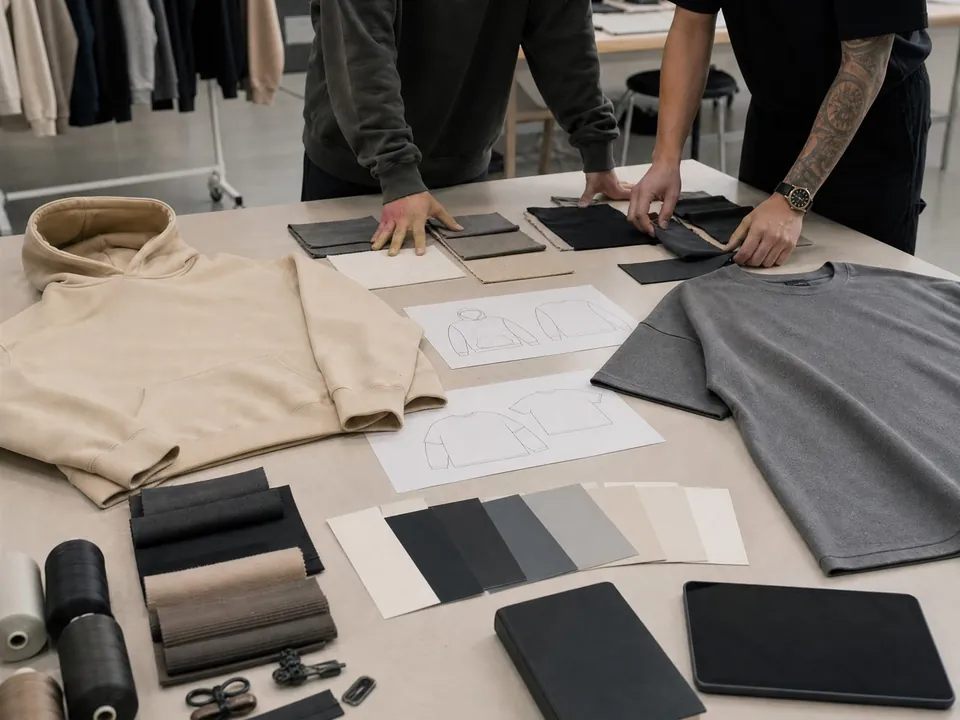 Streetwear capsule planning table with hoodies, T-shirts, fabric swatches, trims, color cards, sketches, and two buyers reviewing the range