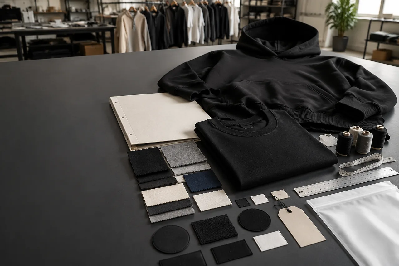 Quote-ready streetwear production brief with garment, fabric, decoration and packaging references