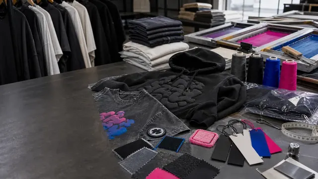Custom streetwear decoration planning for puff print, embroidery, and mixed craft